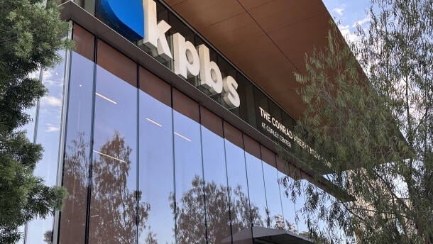 The KPBS logo stretches across its station headquarters on July 14, 2026.