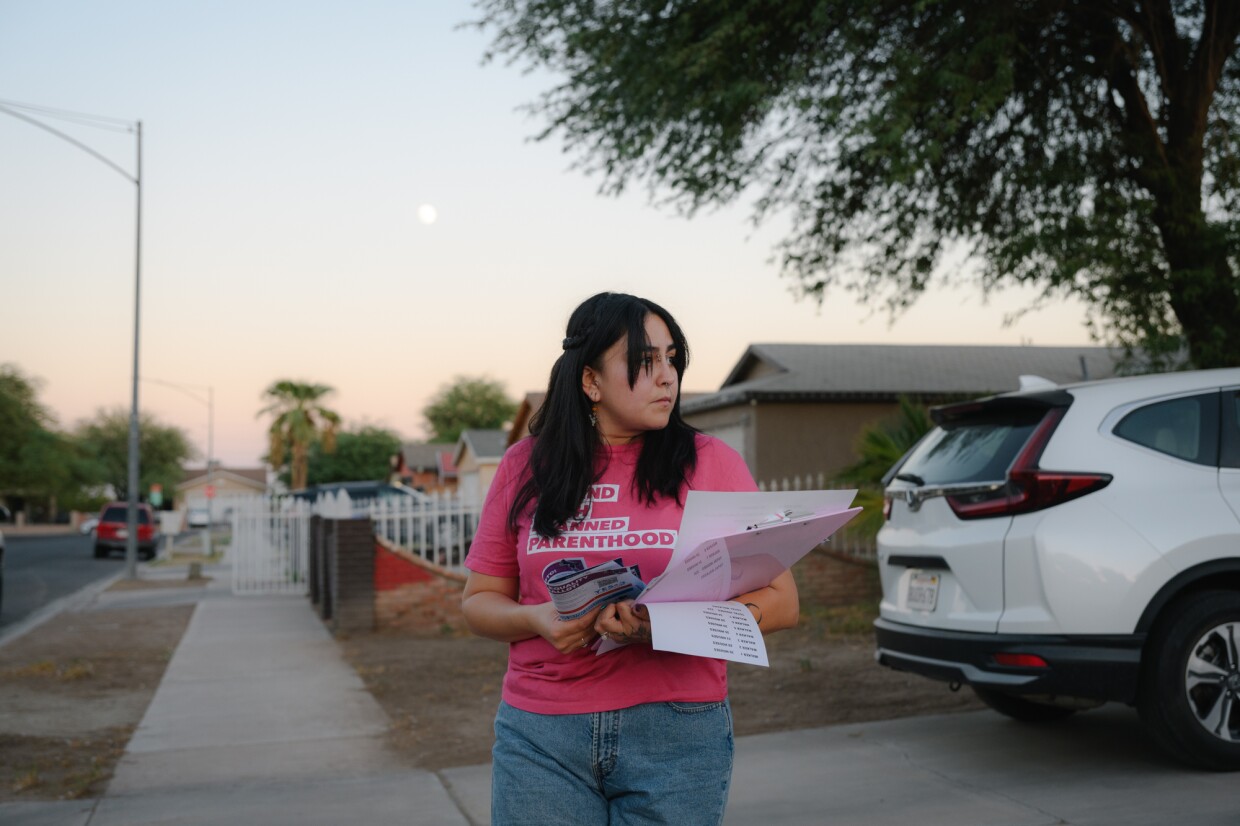 Planned Parenthood volunteer Fernanda Vega canvasses in El Centro, California in Imperial County on October 15, 2024. Planned Parenthood is one of several grassroots organizations working to increase voter engagement in the fast-approaching election.