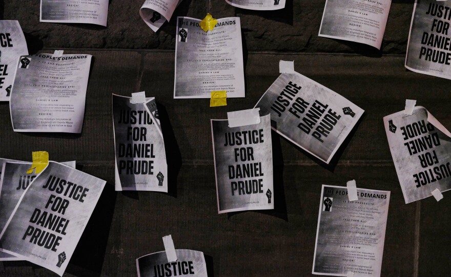 Signs calling for "Justice for Daniel Prude" were plastered to the exterior walls of City Hall in Rochester, New York on Sept. 8, 2020, the seventh consecutive night of protests following the release of bodycam footage showing the March arrest that preceded his death.
