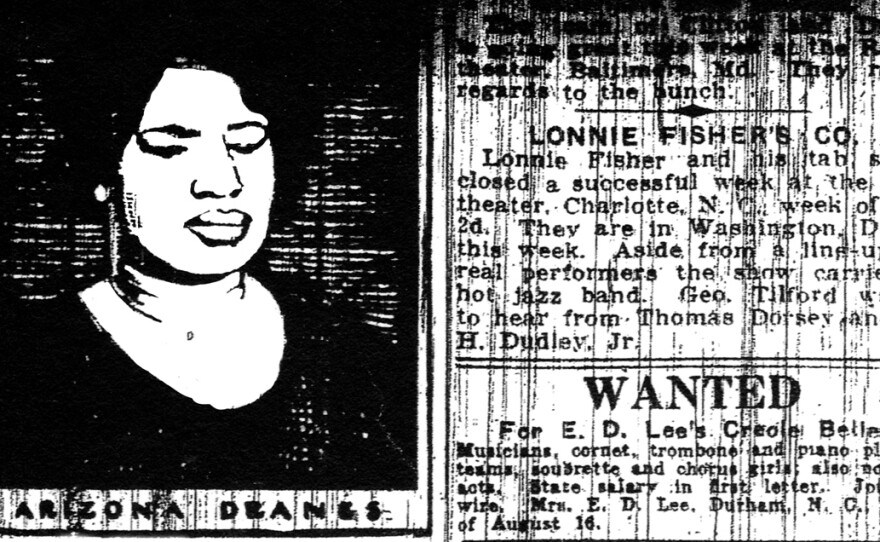 Detail from a print advertisement for Arizona Dranes' Okeh recordings.