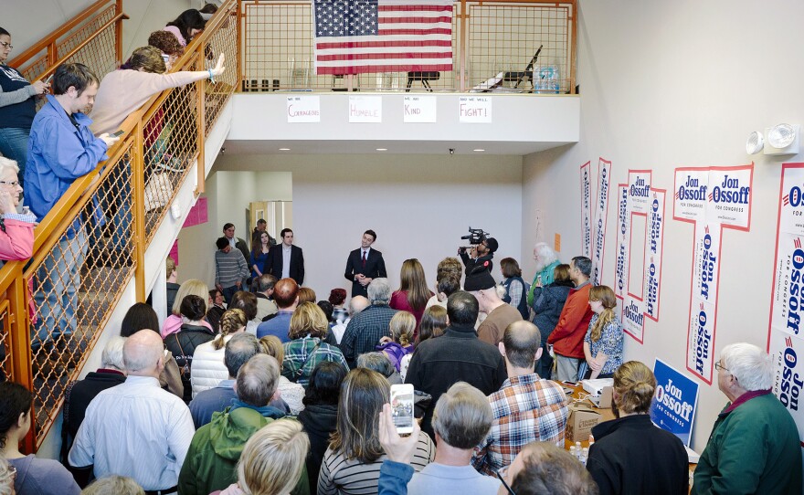 Georgia Democratic House candidate Jon Ossoff addresses supporters and volunteers at his Marietta office on Saturday.