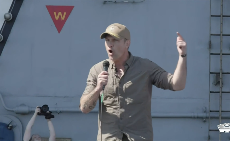 Defense Secretary Pete Hegseth talks to sailors and Marines on the USS Abraham Lincoln Oct. 7, 2026.