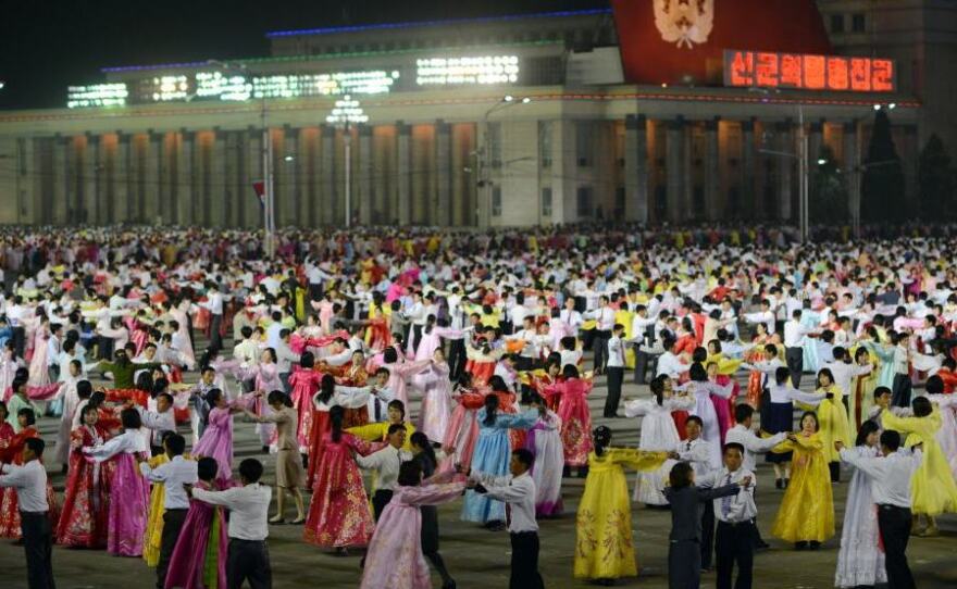 North Koreans in Pyongyang rehearse for the commemoration of the 100th anniversary of Kim Il Sung's birth on April 15.