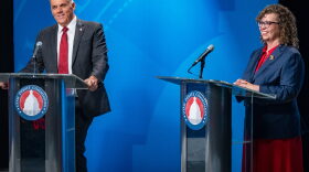 Candidates Phil Lyman and Rep. Celeste Maloy smile at the end of the 3rd Congressional District GOP primary debate in Salt Lake City, Utah, on June 1.