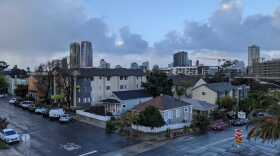 Storm clouds are pictured over downtown San Diego, Jan. 25, 2021. 
