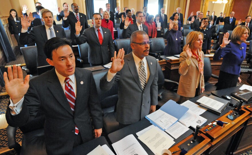 Mark Keam (left) is sworn in as a freshman delegate to the Virginia General Assembly in 2010 in Richmond, Va. Keam was the first Asian-American immigrant elected to the Virginia legislature.