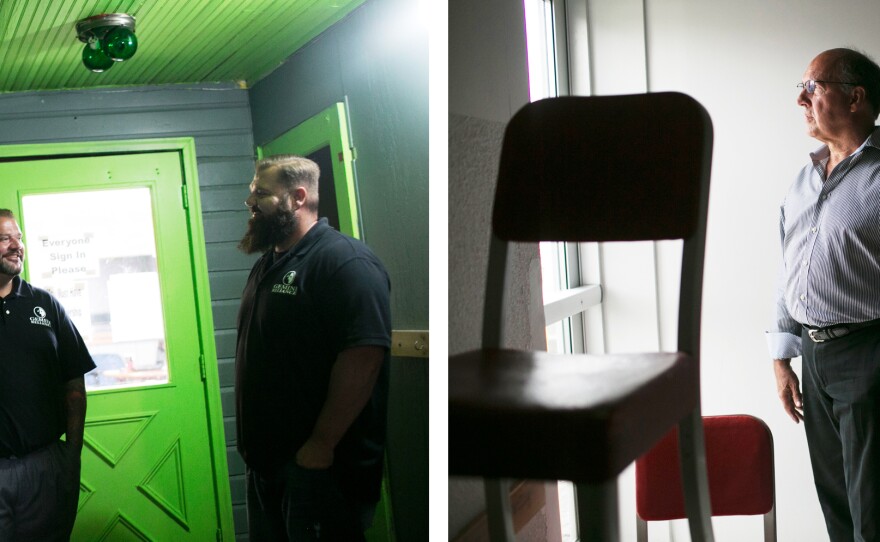 (Left) Michael and Charles Rollins run the Many Pathways clubhouse for recovering addicts in Springfield. (Right) Mike Calabrese, executive director of Opportunities for Individual Change, a jobs skills program, says the city lost thousands of high-paying blue-collar jobs. "We've never recovered from it," he says.