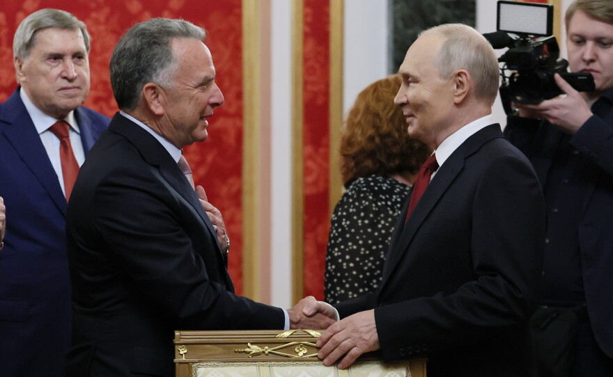 President Vladimir Putin, right, greets U.S. President Donald Trump's envoy Steve Witkoff, prior to talks at the Senate Palace of the Kremlin in Moscow, on Saturday, Sept. 5, 2026.