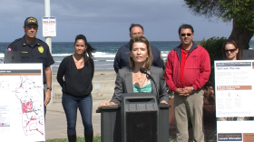 Holly Crawford, director of San Diego County’s Office of Emergency Services, speaks during a news conference about preparing for tsunamis, on March 26, 2014 at La Jolla Shores.