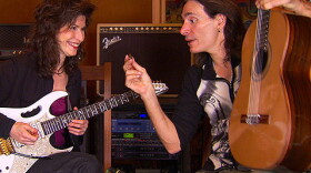 Sharon Isbin (left) and Steve Vai switch axes. 