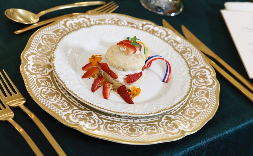 The dessert at the dinner is a rose and cardamom-infused strawberry shortcake. White House Executive Pastry Chef Susie Morrison says they made 900 sugar twists for the dish.