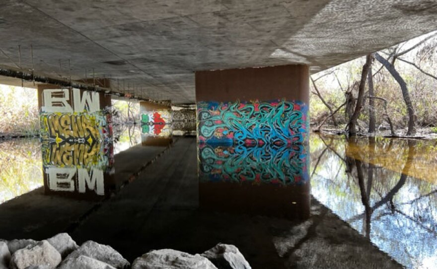 graffiti covers overpass posts in a watershed