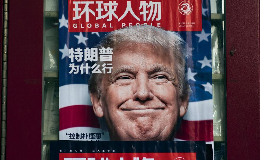 President Trump, shown here in an ad for a Chinese magazine in Shanghai, continues to attack the integrity of reporters who challenge him — even as he keeps making false claims.