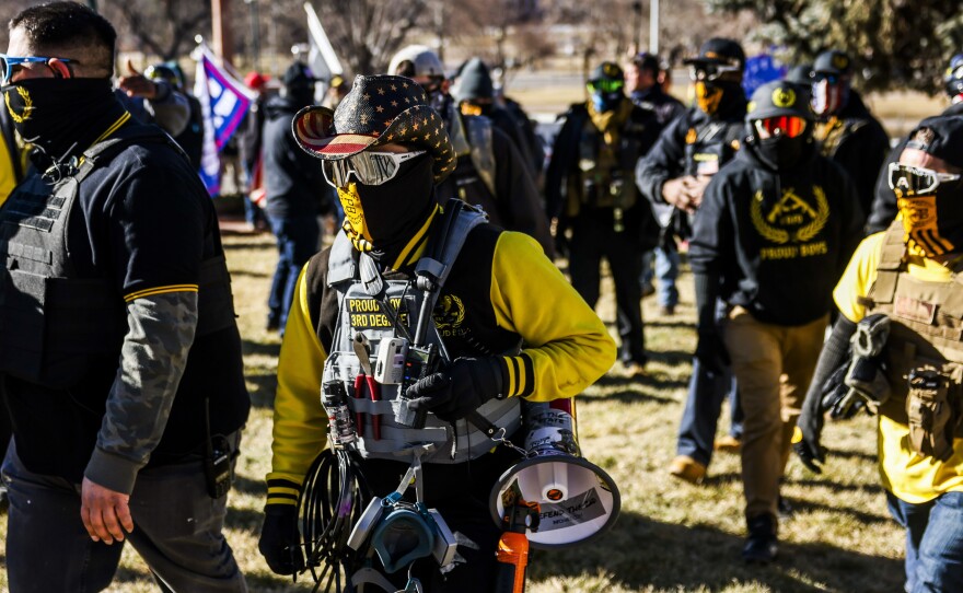 Public Safety Canada is calling the Proud Boys a terrorist group, noting that last month, its members "played a pivotal role in the insurrection at the U.S. Capitol." Here, Proud Boys members join Donald Trump supporters at a protest outside the Colorado State Capitol in Denver.