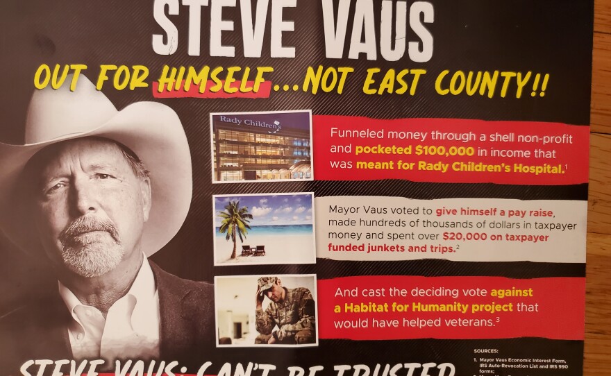 A campaign mailer sent about Poway Mayor Steve Vaus, who is running for the San Diego County Board of Supervisors District 2 seat, Oct. 27, 2020.