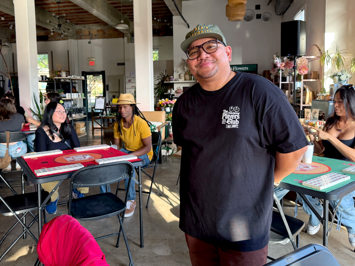 James Gutierrez, co-founder of No Ambition Tile Club, is pictured at a mahjong meetup at Moniker General in Liberty Station on May 22, 2026.