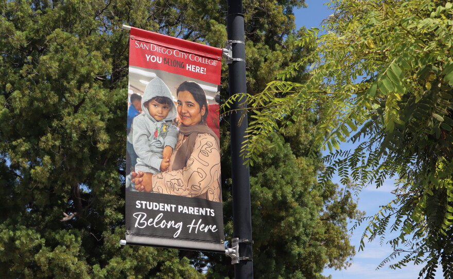 A sign at San Diego City College welcomes student parents on Thursday, Sept. 10, 2026.