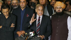 Pakistan's opposition leader Shahbaz Sharif, center, speaks while other opposition parties leader watch during a press conference after the Supreme Court decision, in Islamabad, Pakistan, on April 7, 2022.