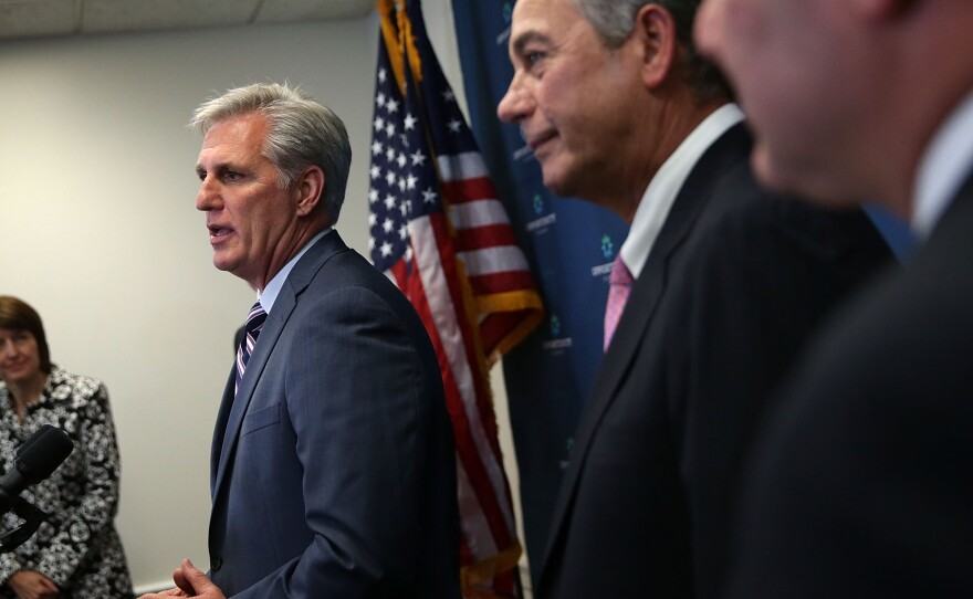 House Majority Leader Kevin McCarthy (left) speaks next to outgoing Speaker of the House Rep. John Boehner earlier this week.