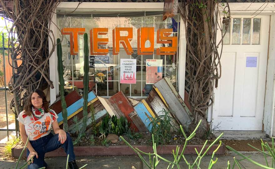 Teros Gallery founder Alejandra Frank is pictured in front of the art space in City Heights. Teros closed the physical location in December 2020.