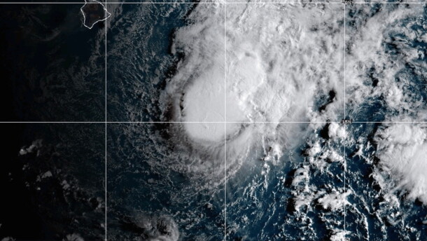 This NOAA satellite image taken Saturday, Aug. 22, 2026, shows Tropical Storm Moke advancing towards Hawaii in the Pacific Ocean.