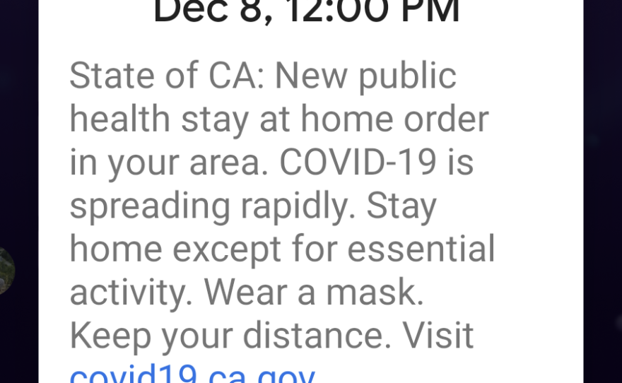 An emergency alert sent to Californians under the stay-at-home order, DEc. 8, 2020.