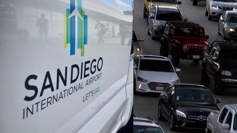A truck parked outside the San Diego International Airport and traffic, Nov. 25, 2019.