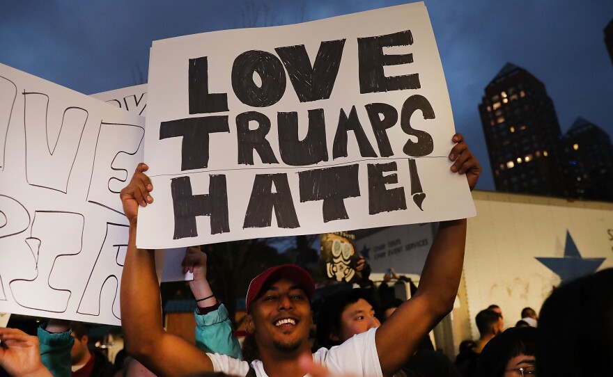 Anti-Trump protesters gather in a park on Wednesday as New Yorkers react to the election.