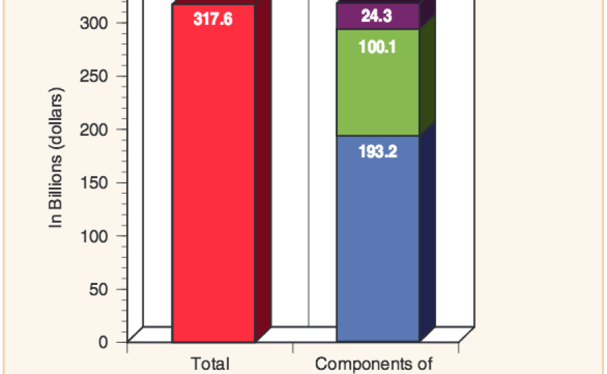 The chart details the annual total direct and indirect costs of serious mental illness nationwide in 2002. In 2002, $317.6 billion dollars was spent on mental illnesses. Of that, $24.3 billion was spent on disability benefits, $100.1 billion was spent on health care expenditures and $193.2 billion was loss of earnings.
