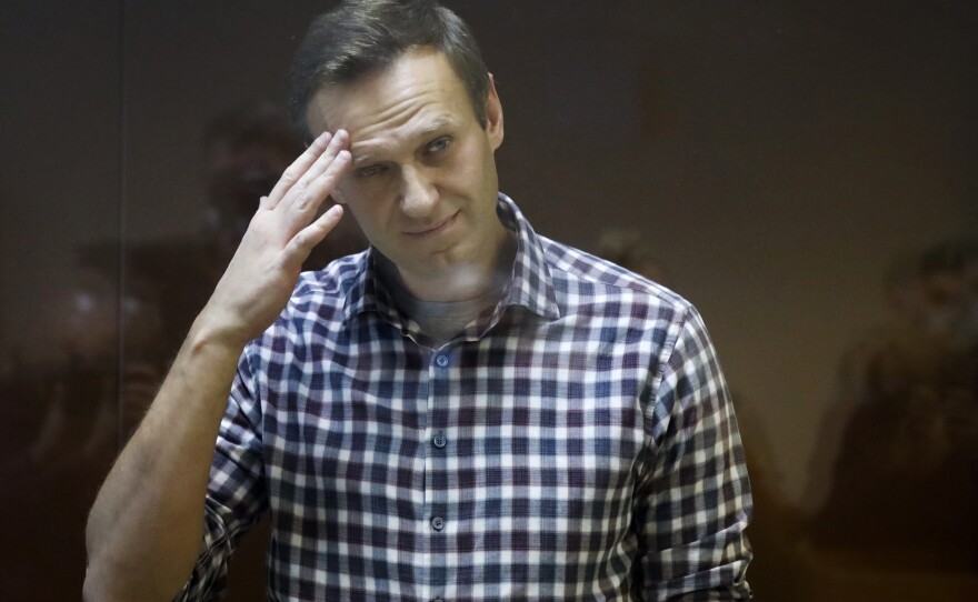 Russian opposition leader Alexei Navalny, shown here in a February court session, reportedly has lost more than 30 pounds since his arrest.