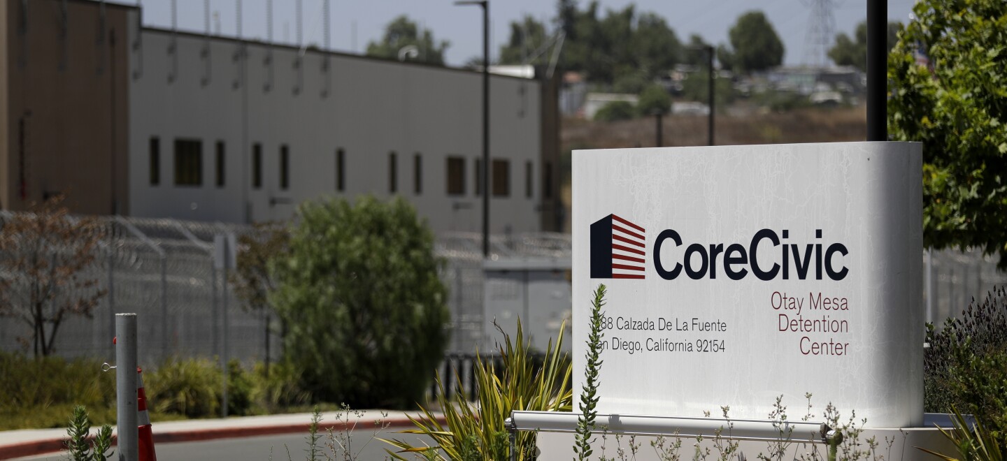 A sign for the Otay Mesa Detention Center sits in front of the building Tuesday, July 7, 2020, in San Diego.