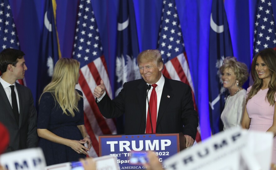 Republican presidential candidate Donald Trump speaks at his election night party in Spartanburg, South Carolina. The New York businessman won the first southern primary decisively.