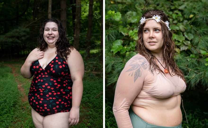 Anna Helmig, from Dayton, Ohio, and Cat Ruehlman post for photos at Camp Roundup. Ruehlman was a counselor and led mindful yoga classes for the women who attended the camp.