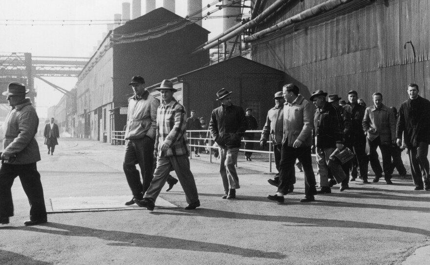 Steelworkers leave a plant at the end of their shift in Bethlehem, Pa., in 1947. Employment in the industry has declined by 80 percent from its peak six decades ago, according to author Douglas Irwin.