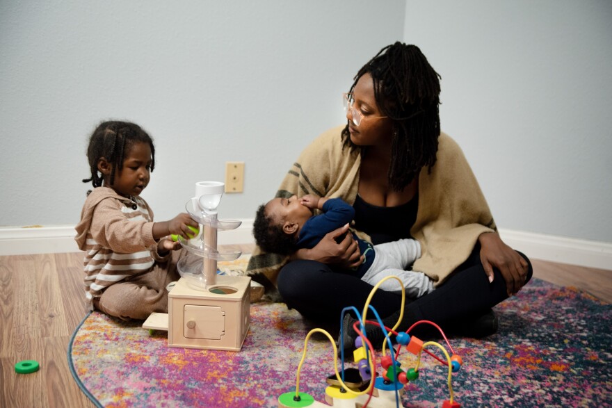 Pictured, Danielle Morgan, an African American mother with her two children in Oceanside, Calif. September 18, 2024.