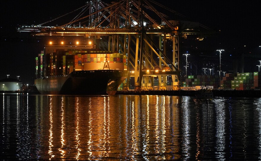 The container ship Ever Libra (TW) is moored at the Port of Los Angeles on Monday, Nov. 21, 2022.