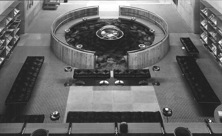 An interior view of the Oita Prefectural Library, which Arata Isozaki designed.