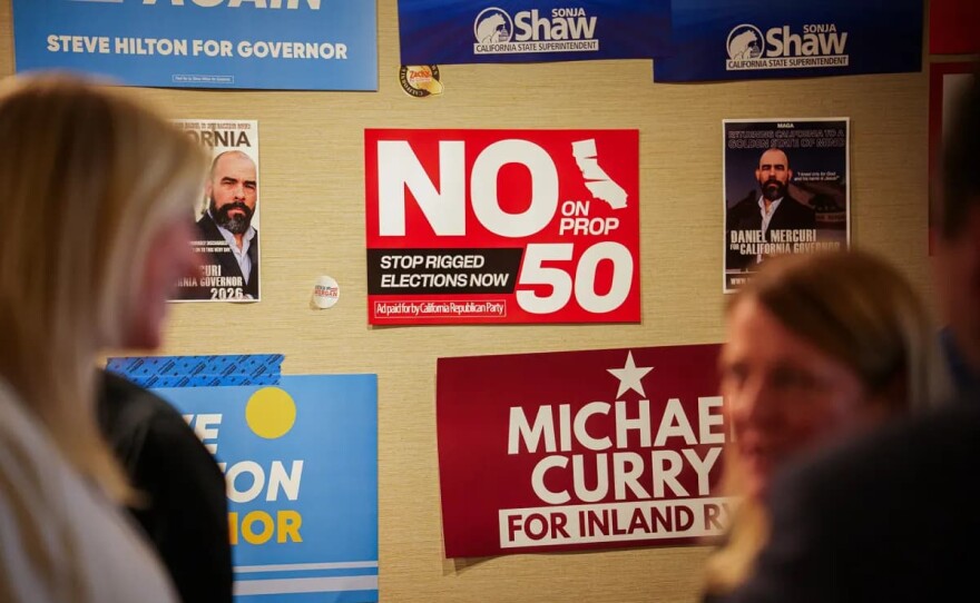 Political signs at the California Republican Party Fall 2025 Convention and Leadership Summit in Garden Grove, on Sept. 6, 2025.