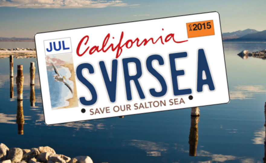 An illustration of a Salton Sea license plate is shown in this undated photograph.