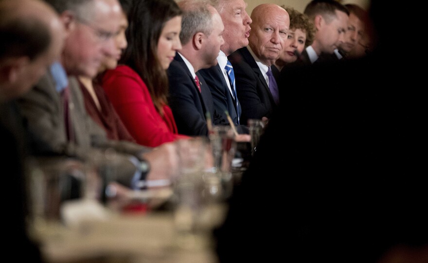 President Trump speaks to the Republican House whip team about the proposed health care bill. Trump highlighted Rep. Elise Stefanik, R-N.Y., (in the foreground) as the youngest woman ever elected to Congress.