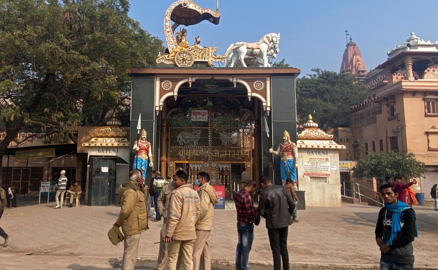 Policemen stand outside the entrance to Shri Krishna Janmasthan temple in February in Mathura in India's Uttar Pradesh state.