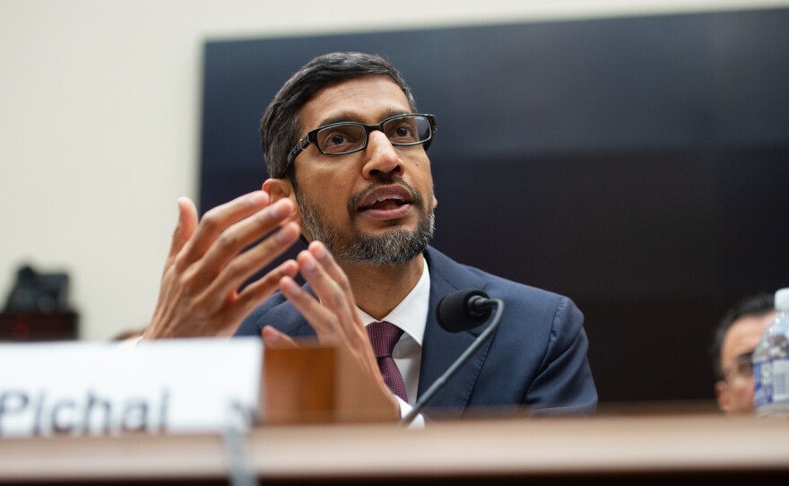 Google CEO Sundar Pichai testifies during a House Judiciary Committee hearing on Capitol Hill.