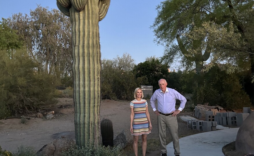 Former Speaker of the Arizona House of Representatives Rusty Bowers (R) shows Margaret Hoover a nearly 100-year-old cactus outside his home in Mesa, Ariz.