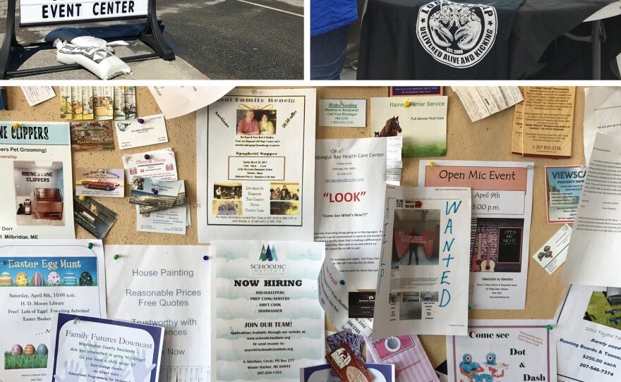 <strong>Top:</strong> A job fair in Milbridge (left) was organized by Maine's Department of Labor and (right) Annie Sokoloski and her daughter Natasha Davis meet with job seekers. Sokoloski is an office manager with Lobster Trap. <strong>Bottom:</strong> Residents leave job postings and other flyers on a bulletin board by the entrance of the local supermarket.