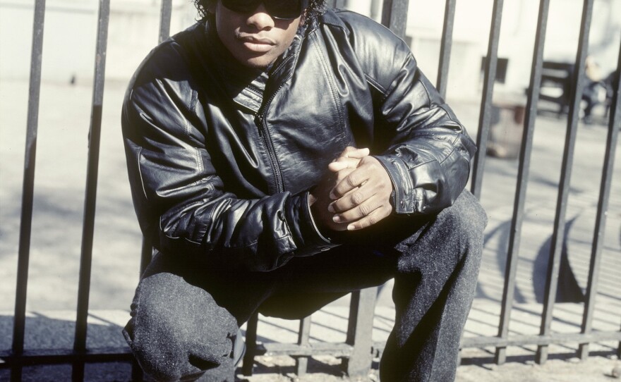 Rapper Eazy-E poses for a portrait wearing Nike Cortezes in April 1989 in Union Square in New York, New York.