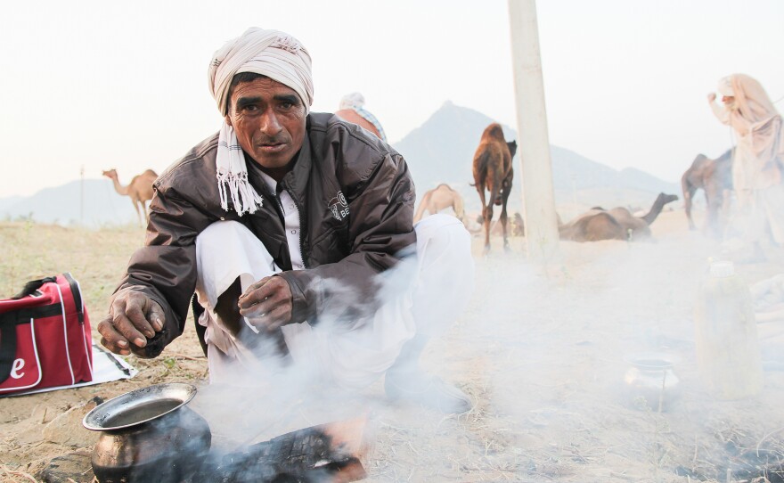 Chai is made with different spices including ginger, cardamom, cloves and black pepper. The type of milk used may also vary depending on the area. This tea vendor in Rajasthan uses camel milk.