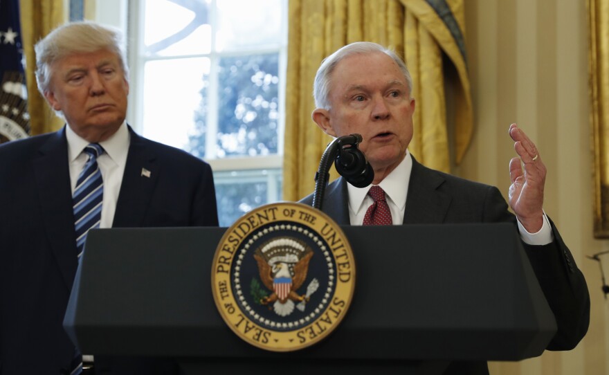 Attorney General Jeff Sessions speaks at his swearing in earlier this month. He said Monday he will focus on issues such as violent crime and police morale.