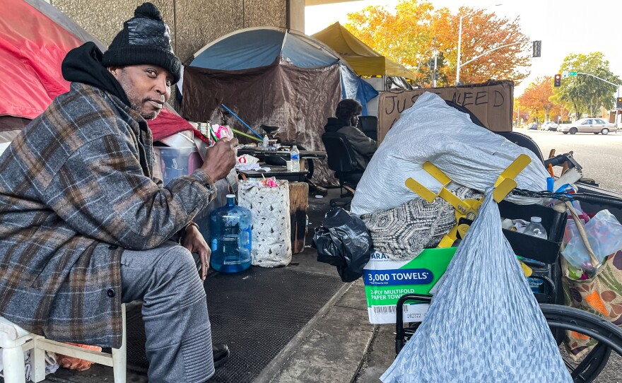 Chilli Williams lives under a freeway in midtown Sacramento. He says his homeless trek started in 2014 when he was hit with a $200 monthly rent increase and quit his lease to find something cheaper. He regrets the decision. “Every time you look for a place, they want you to make three times the rent. I can’t do that,” he says. “The scary part is you get used to it out here.”