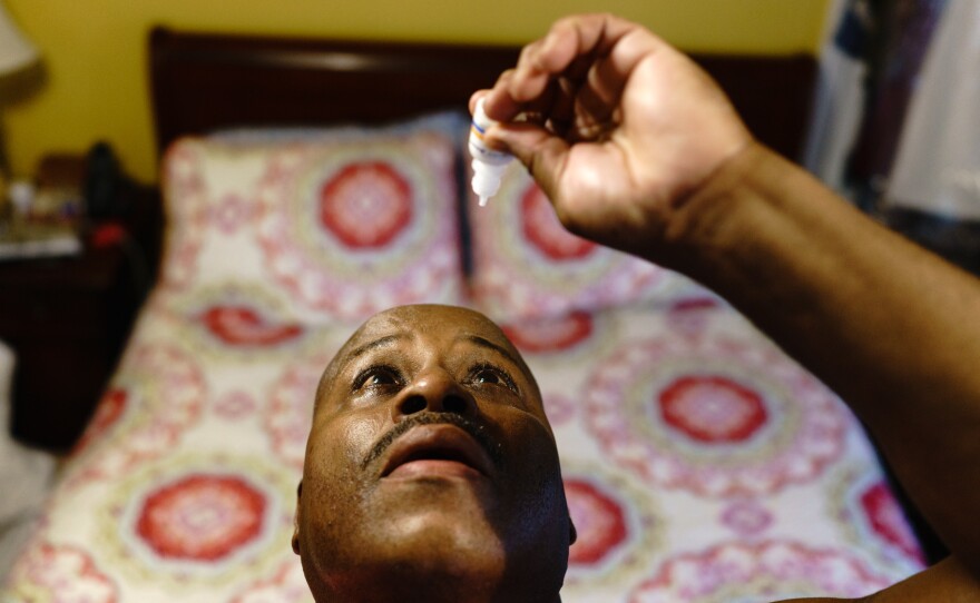 Gregory Matthews has glaucoma and uses prescription eyedrops. The dropper's opening creates a bigger drop than he needs, causing him to run out of his medication before the prescription is ready to refill.